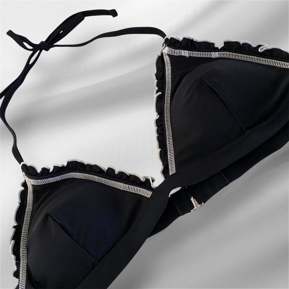 Cupshe Atlantic Contrast Stitch Ruffle Bikini Bralette Womens L Black & White - Picture 2 of 11